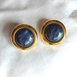 Stunning Vintage Gold Plated & Blue Marble Cabochon Clip-on Earrings